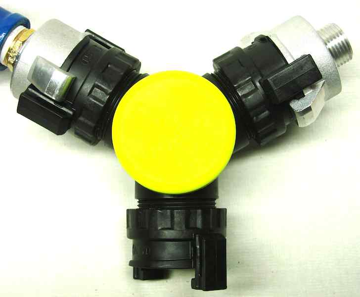 One-and-a-half-inch poly Y fitting with garden-hose adapters for sprinkler branches