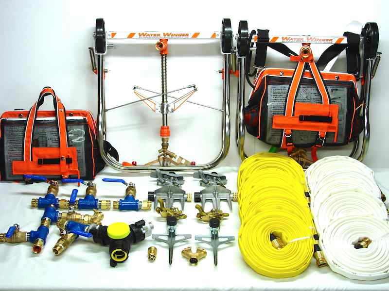 Large home wildfire protection system with two Water Winger rooftop sprinklers, ground sprinklers, hose and high-flow fittings