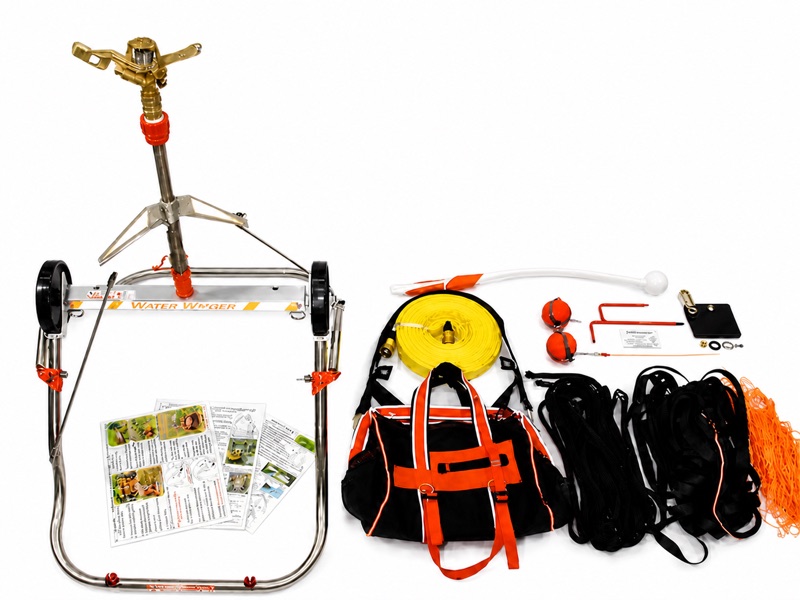 Complete Water Winger rooftop kit with frame, sprinkler, yellow hose, deployment lines, launcher, carrying bag and accessories